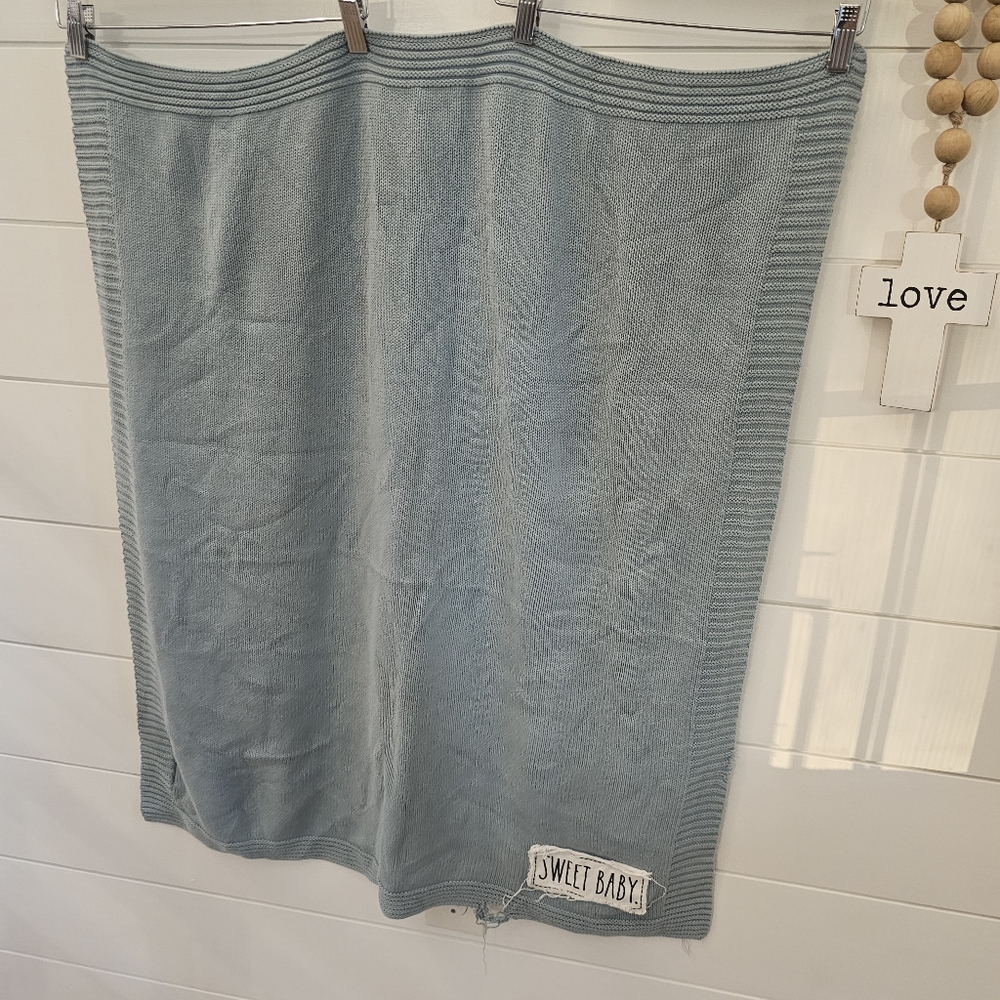 Rae Dunn 100% cotton dusty blue baby blanket SWEET BABY